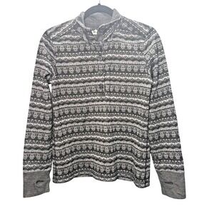 KAVU‎ Pullover Top Womens L Gray Nordic Fair Isle Button Mock Neck Thumbholes